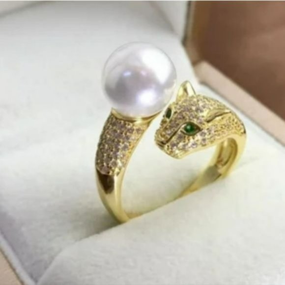 925S Genuine 10 mm Freshwater Pearl Adjustable Gold Ring With Leopard Design - Picture 2 of 16